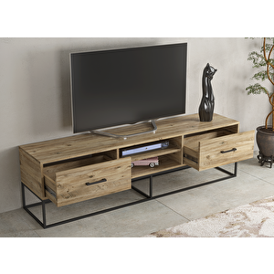 Limra Modern 2 Çekmeceli Metal Ayaklı Tv Sehpası - Atlantik Çam