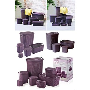 7'li Çamaşır Saklama Taşıma Çöp Kovası Seti 7 Parça Plastik Banyo Seti Örgü Desenli Çeyiz Seti Mürdü