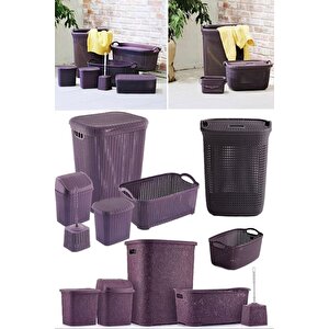 7'li Çamaşır Saklama Taşıma Çöp Kovası Seti 7 Parça Plastik Banyo Seti Örgü Desenli Çeyiz Seti Mürdü