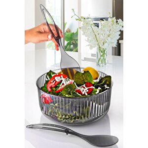 Akrilik Avantajlı Büyük Boy Salata Kase Seti - Servis Çatalı & Kaşığı Antrasit