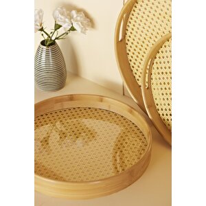 Bambu 3’lü Yuvarlak Tepsi 30-35-40 Ø Cm Tepsi Servis Çay Kahve Servis Tepsisi Hasır Örmeli