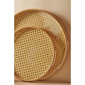 Bambu 3’lü Yuvarlak Tepsi 30-35-40 Ø Cm Tepsi Servis Çay Kahve Servis Tepsisi Hasır Örmeli