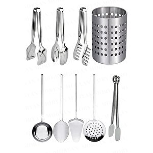 9 Parça Lüks Paslanmaz Çelik Servis Sunum Maşa Servis Set Kaşıklık Kepçe Kaşık Kevgir Spatula