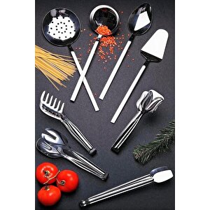 8 Adet Modern Çubuk Model Servis Seti, Kepçe Kevgir Kaşık Spatula Makarna Salata Izgara Pasta Maşası