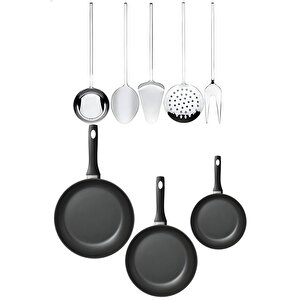 8 Parça 3 Boy Tava Çelik Kepçe Spatula Kaşık Kevgir Çatal Seti, Yemek Hazırlık Pişirme Çeyiz Set