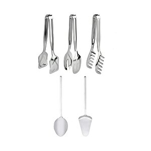 Lüx 5 Parça Paslanmaz Çelik Servis Sunum Seti Pasta Makarna Spatula Maşa Gümüş Masa Servis Seti