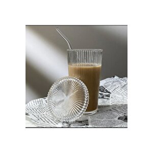 1 Adet 400 Ml Cam Kapaklı Pipetli Origami Stil Cam Bardak | Kahve Ve Sunum Bardağı| Meşrubat Bardağı