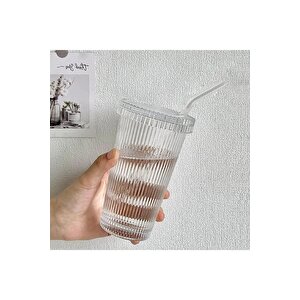 2 Adet 600 Ml Cam Origami Stil Kapaklı Cam Pipetli Bardak Soğuk Kahve Meşrubat Bardağı