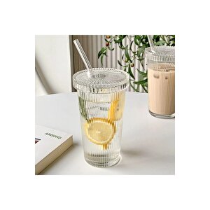 2 Adet 600 Ml Cam Origami Stil Kapaklı Cam Pipetli Bardak Soğuk Kahve Meşrubat Bardağı