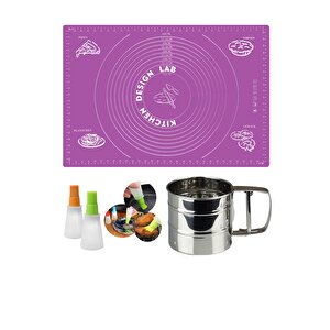 Mor 45x65 Cm Silikon Hamur Açma Matı, Çelik Un Eleği Ve Hazneli Sos, Yumurta Yağ Fırçası