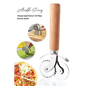 Pratik Ahşap Saplı Hamur Ve Pizza Kesme Ruleti Hamur Ve Börek Kesici Rulet Çift Taraflı Kesme Bıçağı