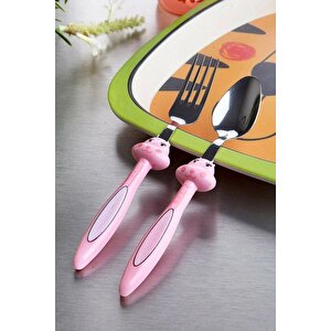 Figürlü Çelik Mama Çatal Kaşık Seti- Pembe