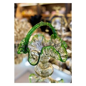 Üfleme Fırfırlı Cam El Yapımı Kulplu Murano Şekerlik 20 Cm Genişliğinde 21 Cm Yüksekliğinde