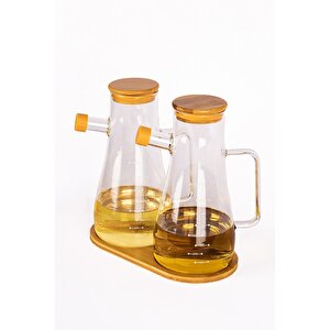 2'li Bambu Kapaklı Altlıklı Borosilikat Cam Yağlık Sirkelik 900 Ml