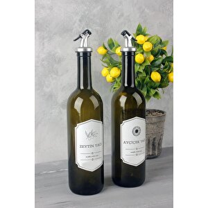 2 Adet 750 Ml Etiketli Vintage Amber Yeşili Yağlık Sirkelik Yağdanlık Damlatmaz Kapaklı Yağlık