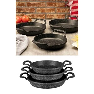 Siyah 3'lü Lüx Granit Döküm Sahan Seti Paslanmaz Çelik Sahan Tava Seti Yumurta Tavası (22-20-18cm)