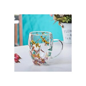 Kurutulmuş Çiçekli Kupa Hediyelik Çift Camlı Şık Dayanıklı Kahve Dış Mekan Çekim Kafe Bardağı 250ml