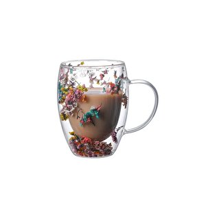 Kurutulmuş Çiçekli Kupa Hediyelik Çift Camlı Şık Dayanıklı Kahve Dış Mekan Çekim Kafe Bardağı 250ml