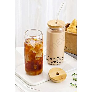 2li Bambu Kapaklı Pipetli Isıya Dayanıklı Cam Bardak 550 Ml Kola Kutu Şekilli Kahve Sunum Bardağı