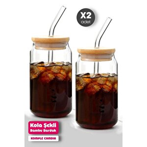 2li Bambu Kapaklı Pipetli Isıya Dayanıklı Cam Bardak 550 Ml Kola Kutu Şekilli Kahve Sunum Bardağı