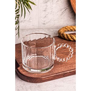 Cuppy - 6 Adet Cam Bardak Boncuk Kulplu Kupa Çay Kahve Meşrubat Bardağı 300 Ml