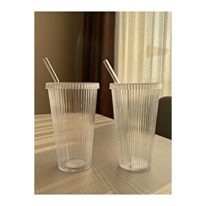 2 Adet  Pinterest Model Origami Çizgili Mika Kapaklı Cam Pipetli Bardak