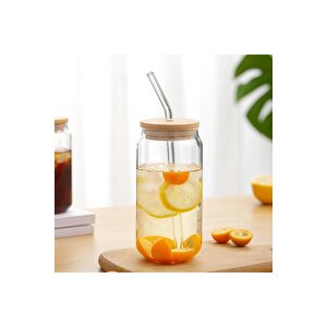Isıya Dayanıklı Cam Pipetli Ahşap Kapaklı Bubble Tea Ve Borosilikat Bardak Kahve Sunum Bardağı 350ml