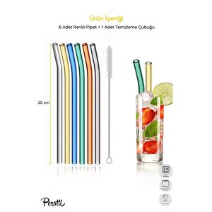 Straw 6'lı Renkli Cam Eğimli Isıya Dayanıklı (borosilikat) Pipet Ve 1 Adet Pipet Temizleme Fırçası