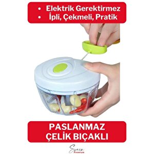 Manuel Küçük 3 Bıçaklı Ipli Çekmeli Paslanmaz El Rondosu Kolay Hızlı Meyve Sebze Soğan Doğrayıcı