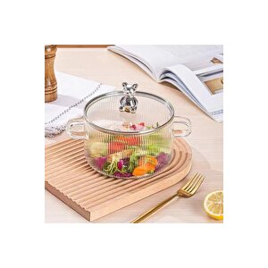 Figürlü Isıya Dayanıklı Çelik Kapaklı Çizgili Cam Tencere Çorba, Salata Tenceresi1.7l