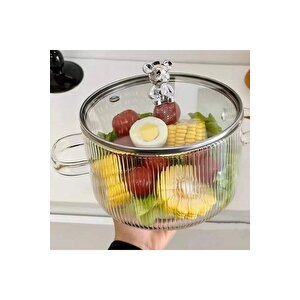 Figürlü Isıya Dayanıklı Çelik Kapaklı Çizgili Cam Tencere Çorba, Salata Tenceresi1.7l