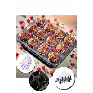 12'li Muffin Kek Kalıbı, Krema Torbası Ve 100 Adet Renkli Cupcake , Browni ,muffin Kağıdı Kalıbı Set
