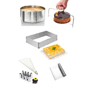 5 Parça Kek Pasta Yapım Seti, Ayarlanabilir Kek Kalıpları, Krema Torbası, Çelik Kazıyıcı Seti