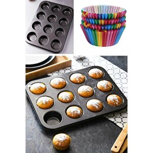 12'li Paslanmaz Çelik Yapışmaz Teflon Muffın Kalıbı Cupcake Kapsülü Cupcake Kağıdı Hediyeli
