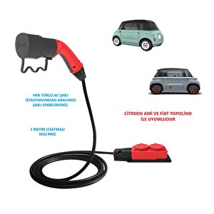 - Citroen Ami Ve Fiat Topolino Uyumlu 3 Metre Uzatmalı, Ikili Ac Şarj Kablosu - C2l İkili