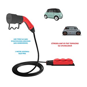 - Citroen Ami Ve Fiat Topolino Uyumlu 3 Metre Uzatmalı, Üçlü Ac Şarj Kablosu - C2l