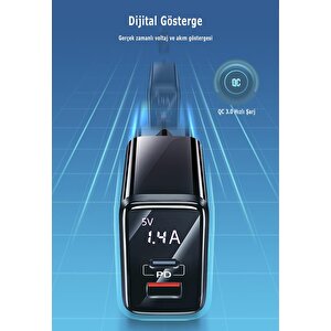 Usams Us-cc133 T40 20w Qc3.0+pd Type-c+usb Dijital Göstergeli Hızlı Şarj Başlığı