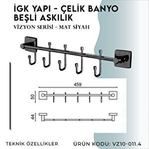 İgk Yapi - Çelik Banyo Vizyon Mat Siyah Beşli Askılık (vz10-011.4)