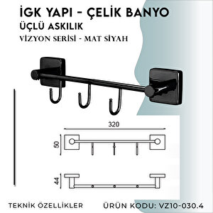 İgk Yapi - Çelik Banyo Vizyon Mat Siyah Üçlü Askılık (vz10-030.4)