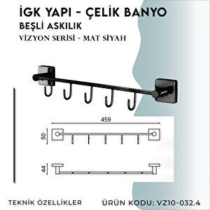 İgk Yapi - Çelik Banyo Vizyon Mat Siyah Beşli Askılık (vz10-032.4)
