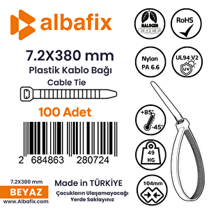 7.2x380 Mm Şeffaf Beyaz Plastik Kablo Bağı Klipsi Cırt Kelepçe 100 Adet