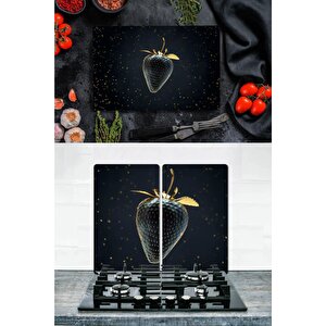 Takım Halinde Altın Çilek 20x30 Cm Kesme Tablası Ve 40x52cm Cam Ocak Koruyucu 5'li Ocaklar
