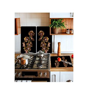 Takım Halinde Kahve Orkide 20x30 Cm Kesme Tablası Ve 2'li 30x52 Cm Cam Ocak Koruyucu 4'lü Ocaklar