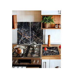 Takım Halinde Yaldızlı Mermer 20x30 Cm Kesme Tablası Ve 2'li 30x52 Cm Cam Ocak Koruyucu 4'lü Ocaklar
