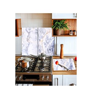 Takım Halinde Mavi Mermer 20x30 Cm Kesme Tablası Ve 2'li 30x52 Cm Cam Ocak Koruyucu 4'lü Ocaklar