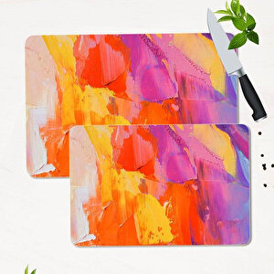 2' Li Takım 30x40 Cm Ve 20x30 Cm Gökkuşağı Desenli Cam Kesim Tablası Ve Ocak Koruma