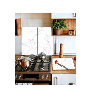 Takım Halinde Siyah Beyaz Mermer 20x30 Cm Kesme Tablası Ve 2'li 30x52 Cm Cam Ocak Koruyucu 4'lü Ocaklar