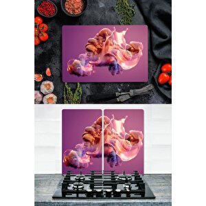 Takım Halinde Mor Tablo 20x30 Cm Kesme Tablası Ve 2'li 30x52 Cm Cam Ocak Koruyucu 4'lü Ocaklar