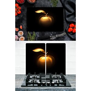 Takım Halinde Altın Elma 20x30 Cm Kesme Tablası Ve 2'li 30x52 Cm Cam Ocak Koruyucu 4'lü Ocaklar