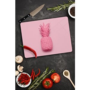 20x30 Cm Cam Kesme Tahtası Pembe Ananas Desenli